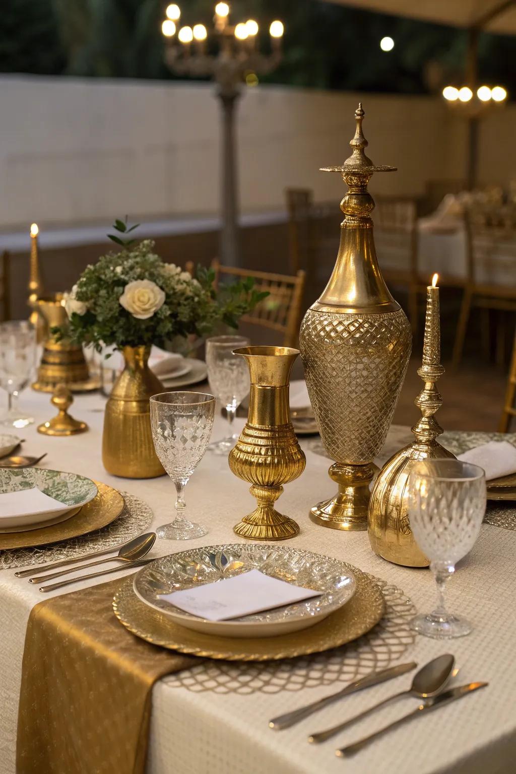 Shiny accents like gilded vases add a hint of opulence.
