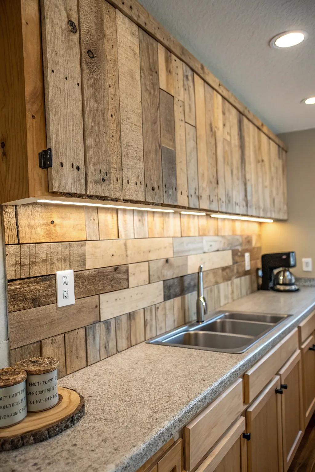 Wood skids craft a natural and cozy kitchen atmosphere.
