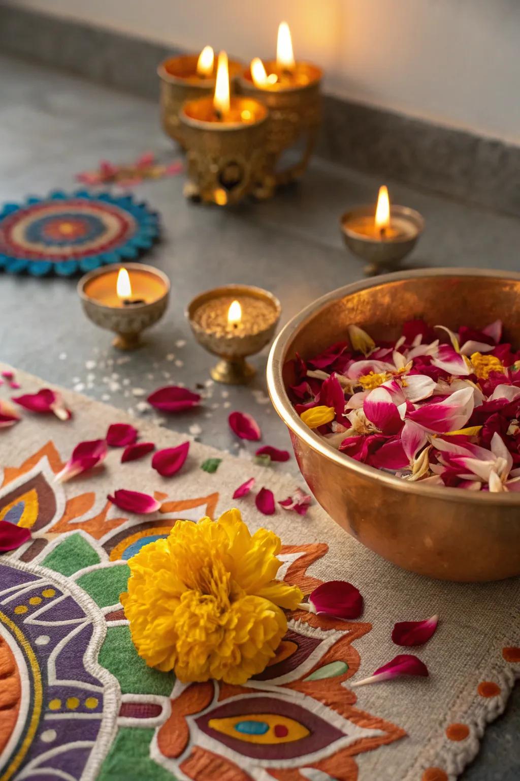 Fragrant flower petal containers add an aromatic and festive touch to the surface.