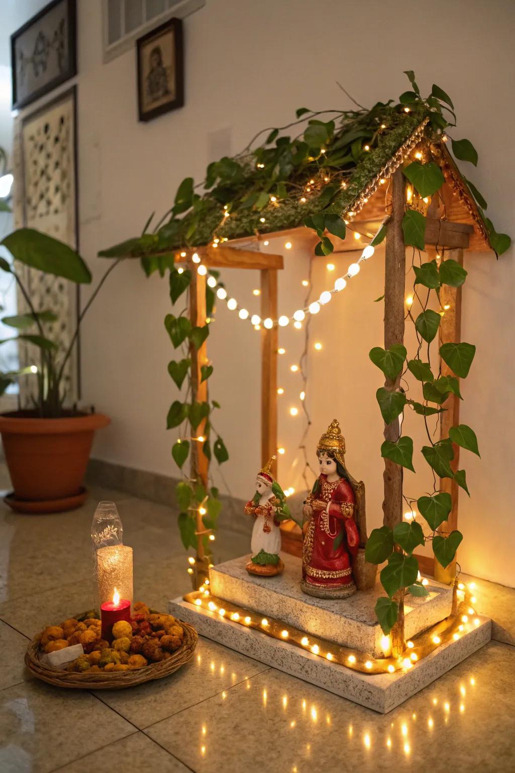 Leaf garland lights add a magical glow to the Golu scene.