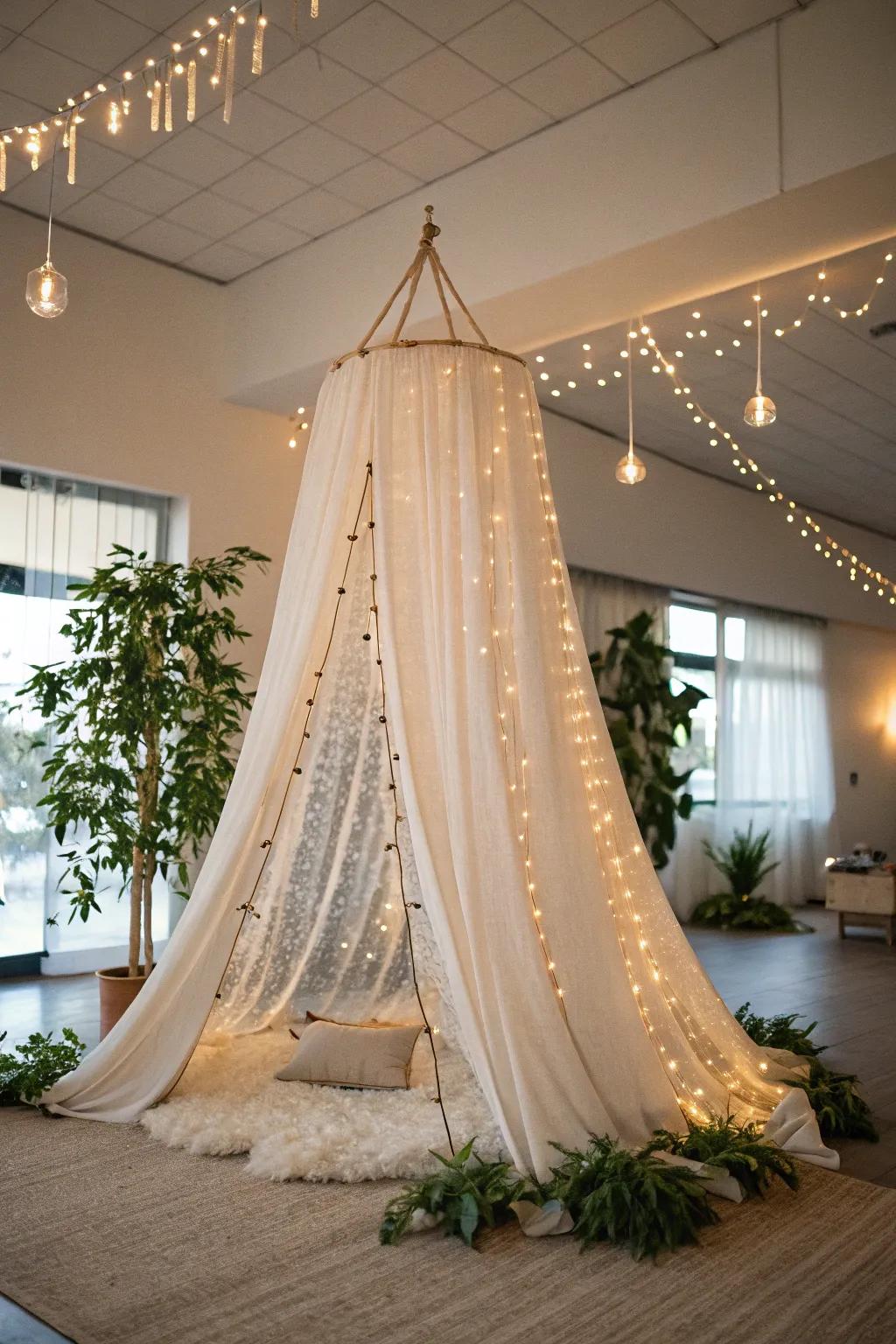 Step into a storybook with this enchanting do-it-yourself suspended shelter adorned with fanciful lights.