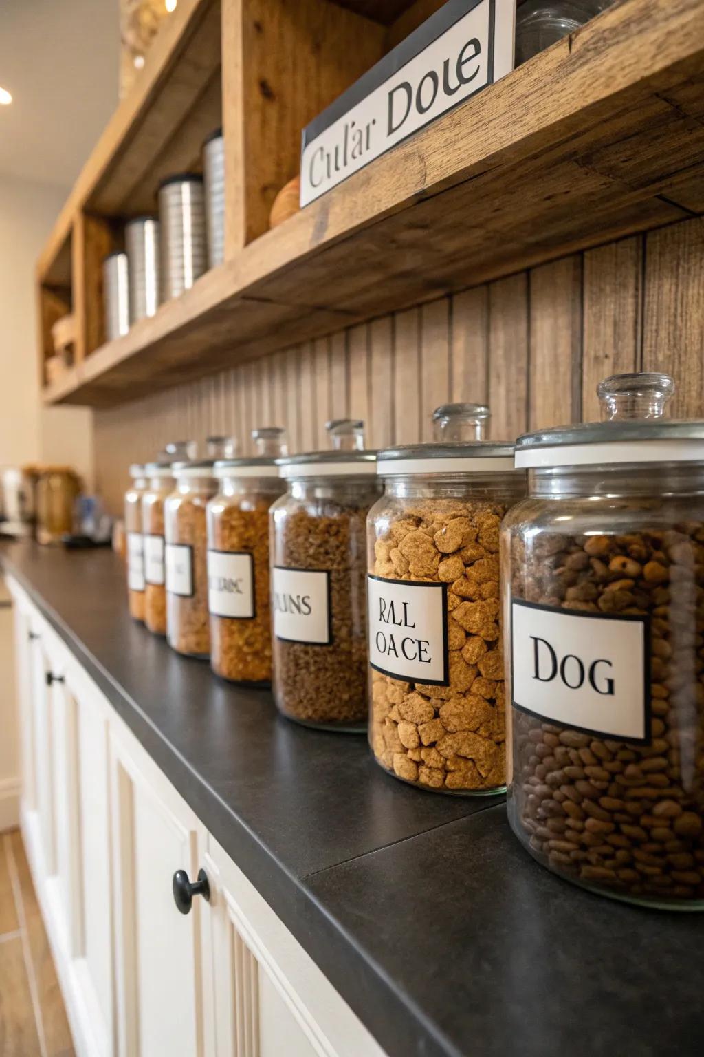 Personalized labeled jars add a unique touch and keep dog food fresh and orderly.