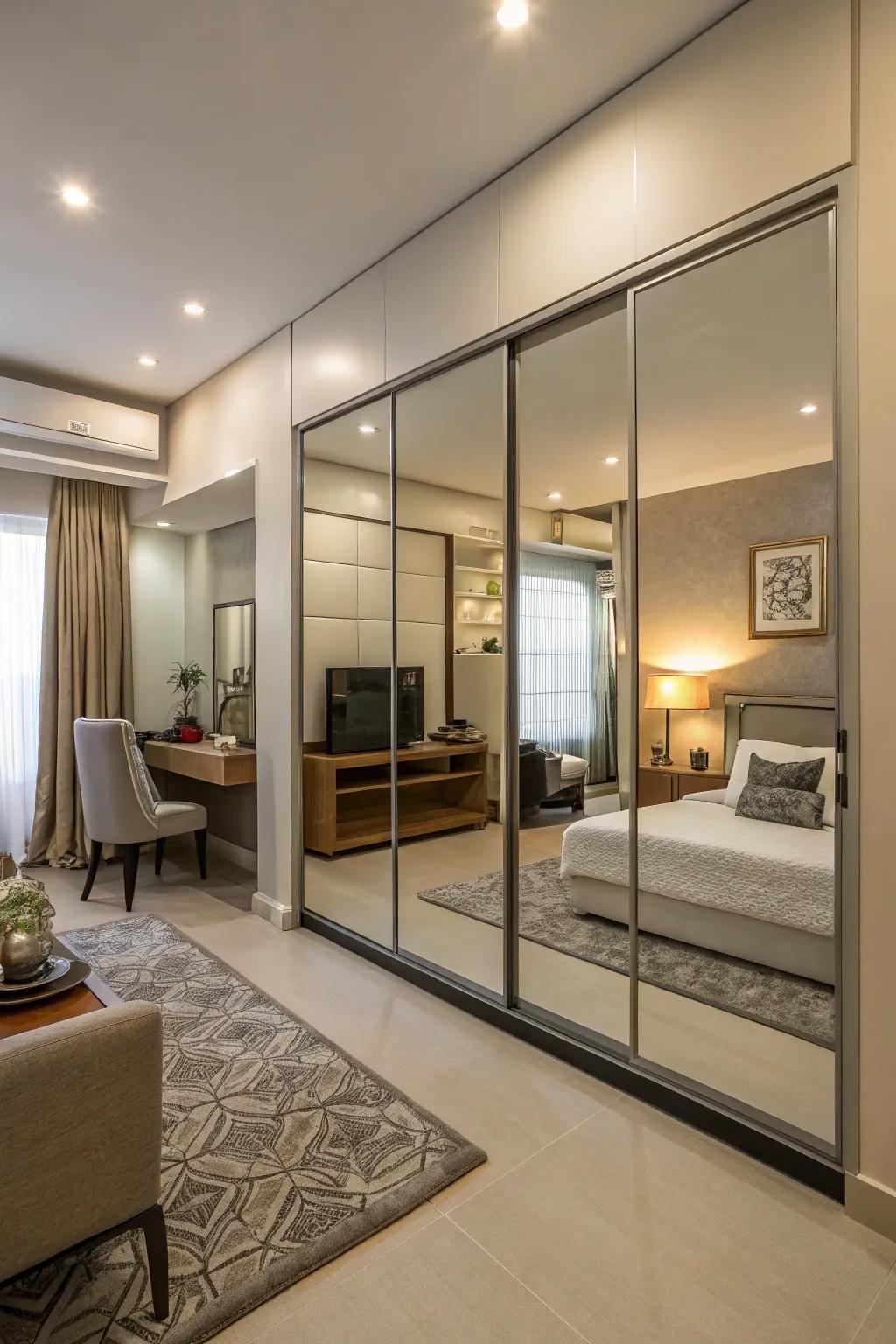 Mirrored doors establish an illusion of expanded space in this elegant studio apartment.