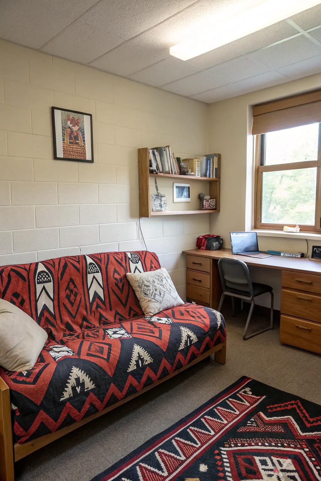 The bold patterns on this couch bring visual appeal to the dorm.