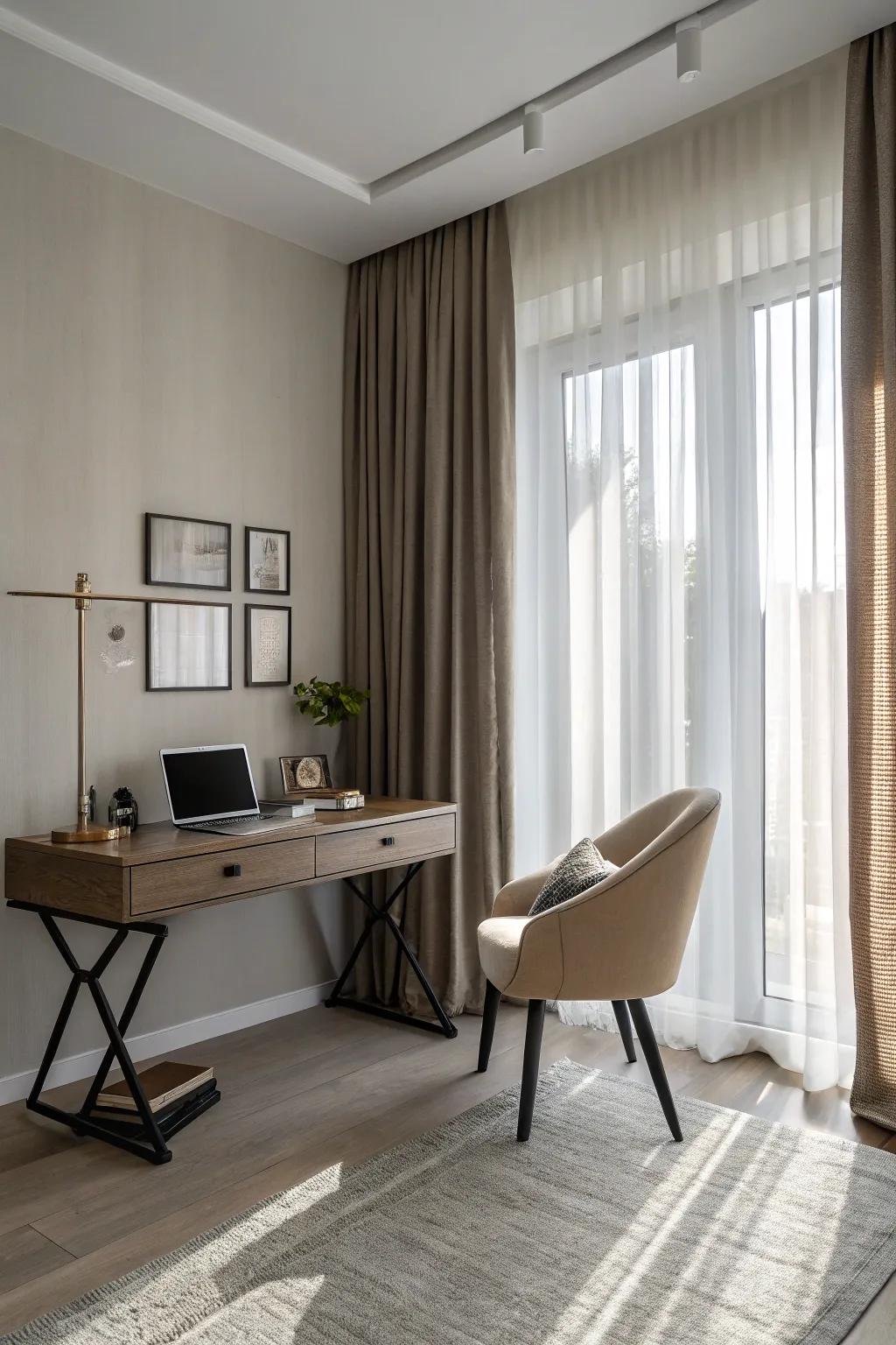 Neutral layered curtains create a calm and sophisticated ambiance in this modern home office.
