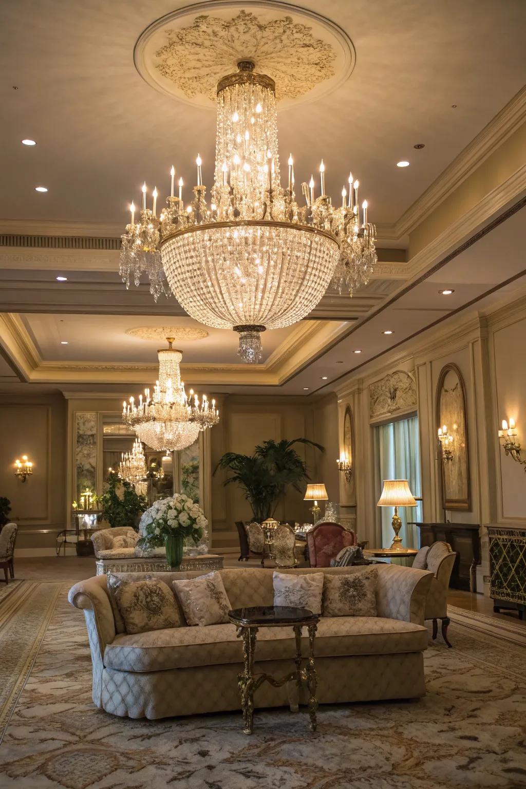 Showy lighting fixtures add flair and become a design centerpiece.