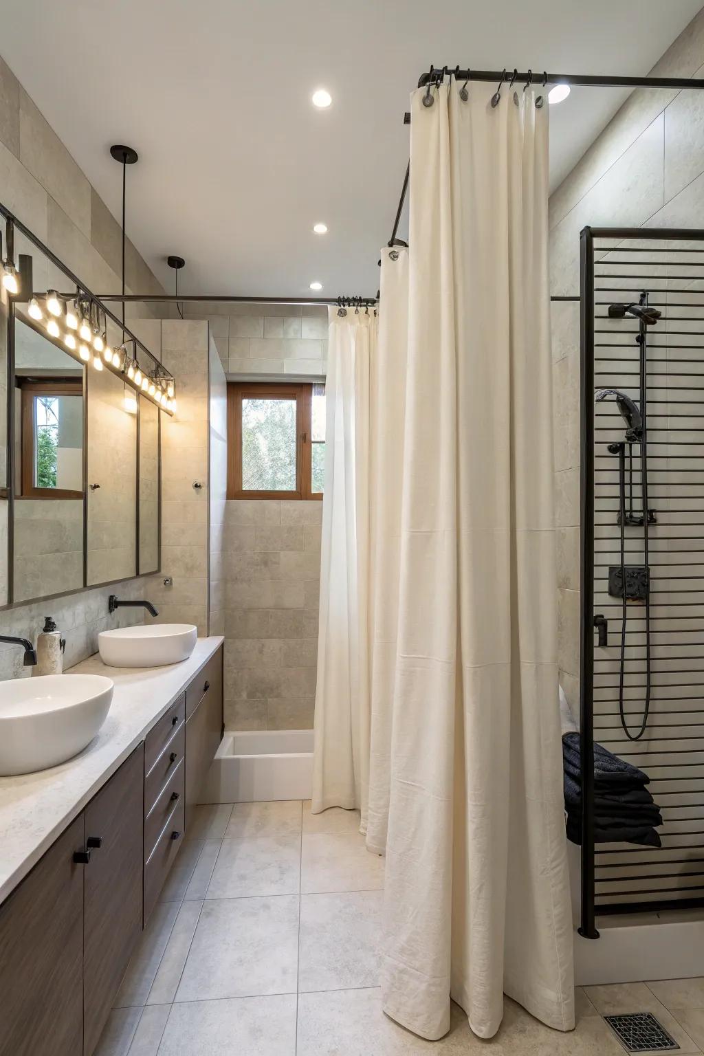 Minimalist curtains with sharp lines fashion a modern appearance.