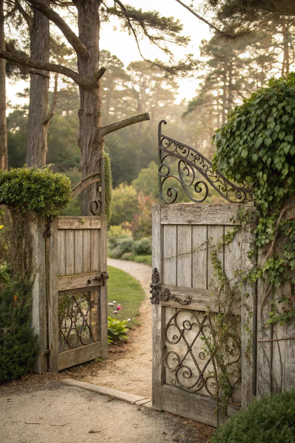 Wrought metal details add romantic elegance to a lumber entrance.