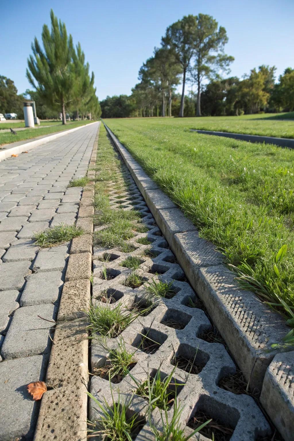 Turfstone pavers providing stability and permeability for swale design.