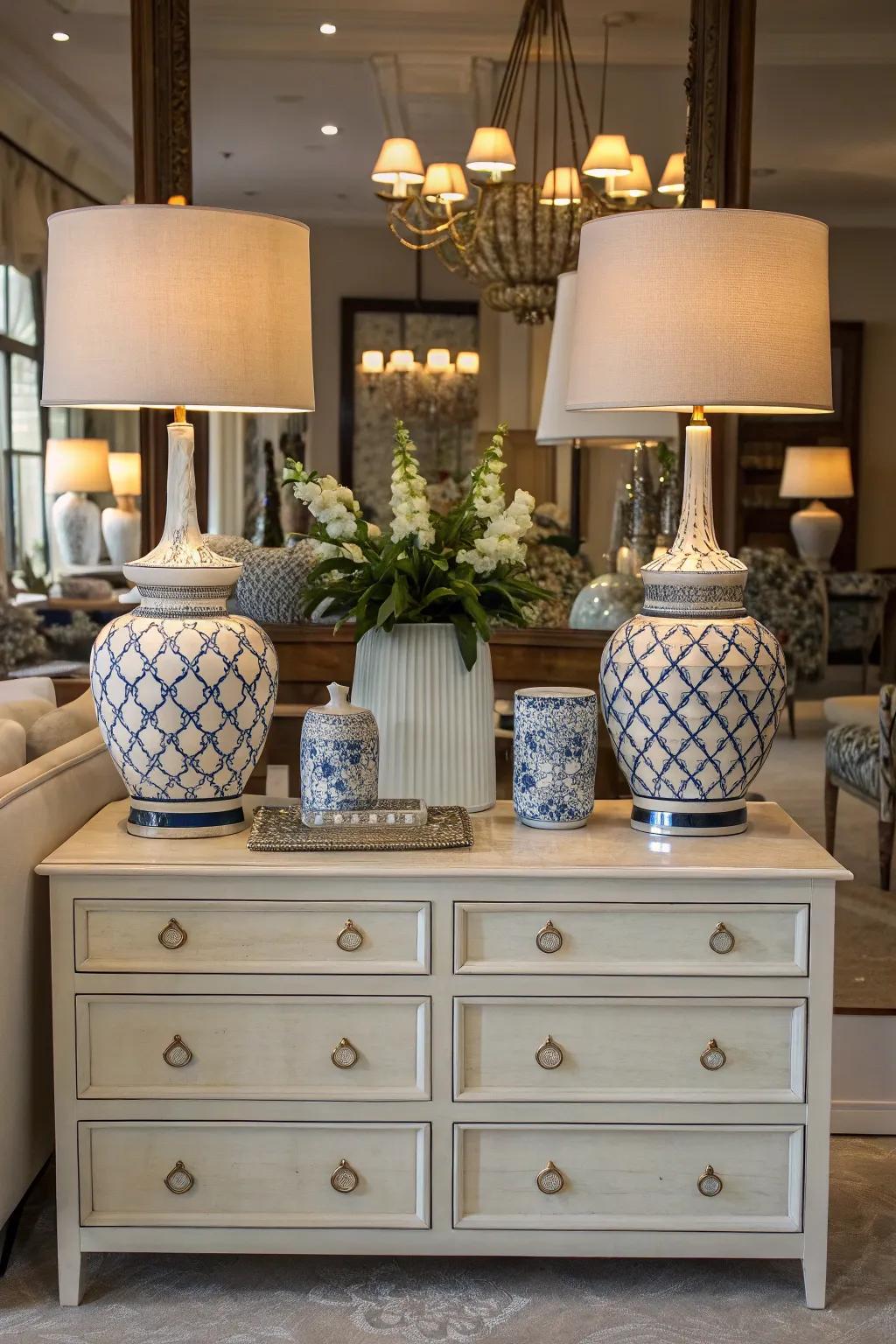 Symmetrical arrangements bring a sense of sophistication to the dresser.