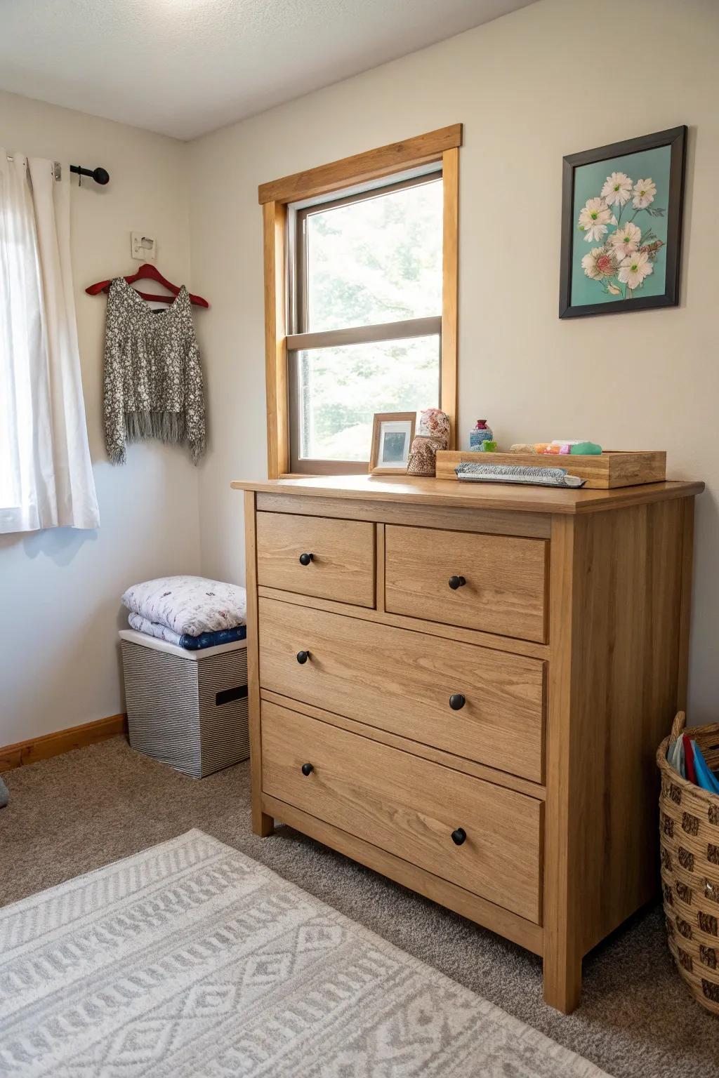 A natural wood tone dresser enriching warmth and elegance in a small bedroom.