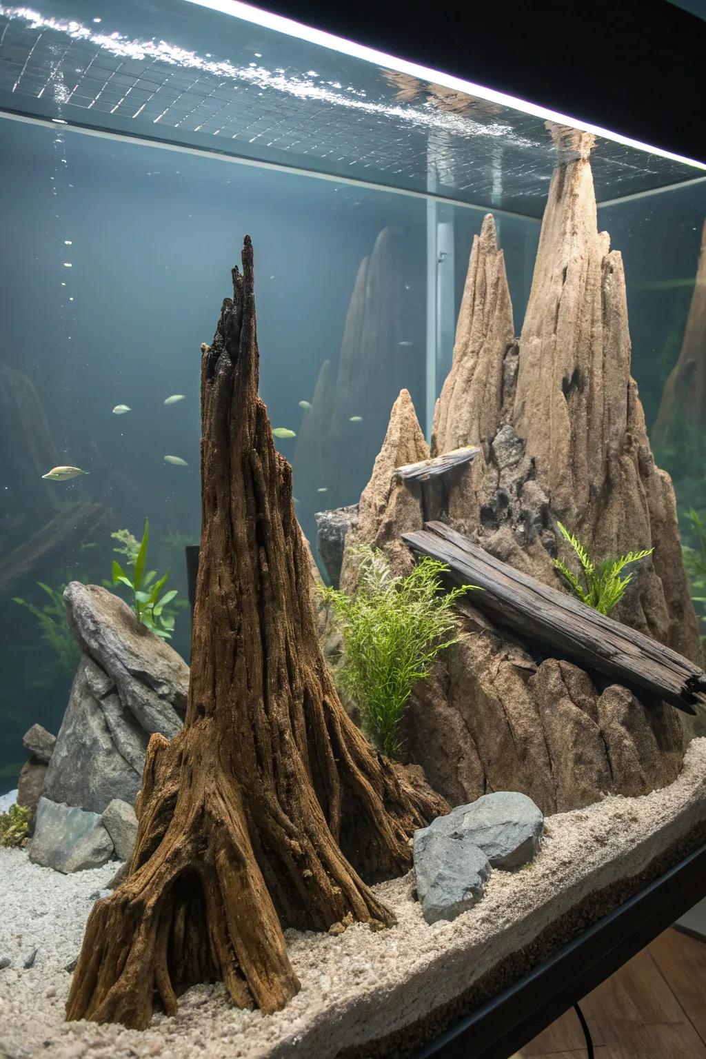 A dramatic mountainous vista aquarium with towering timber peaks.
