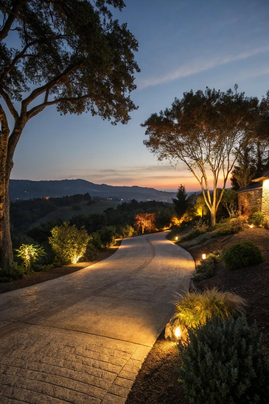 Inventive lighting enhancing driveway safety and beauty.