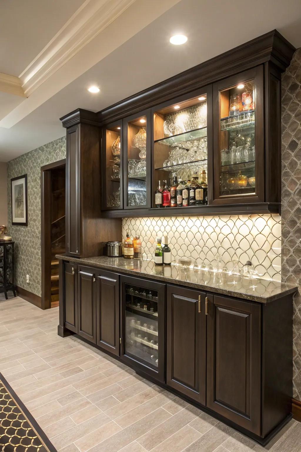 An artistic backsplash creates a striking focal point.