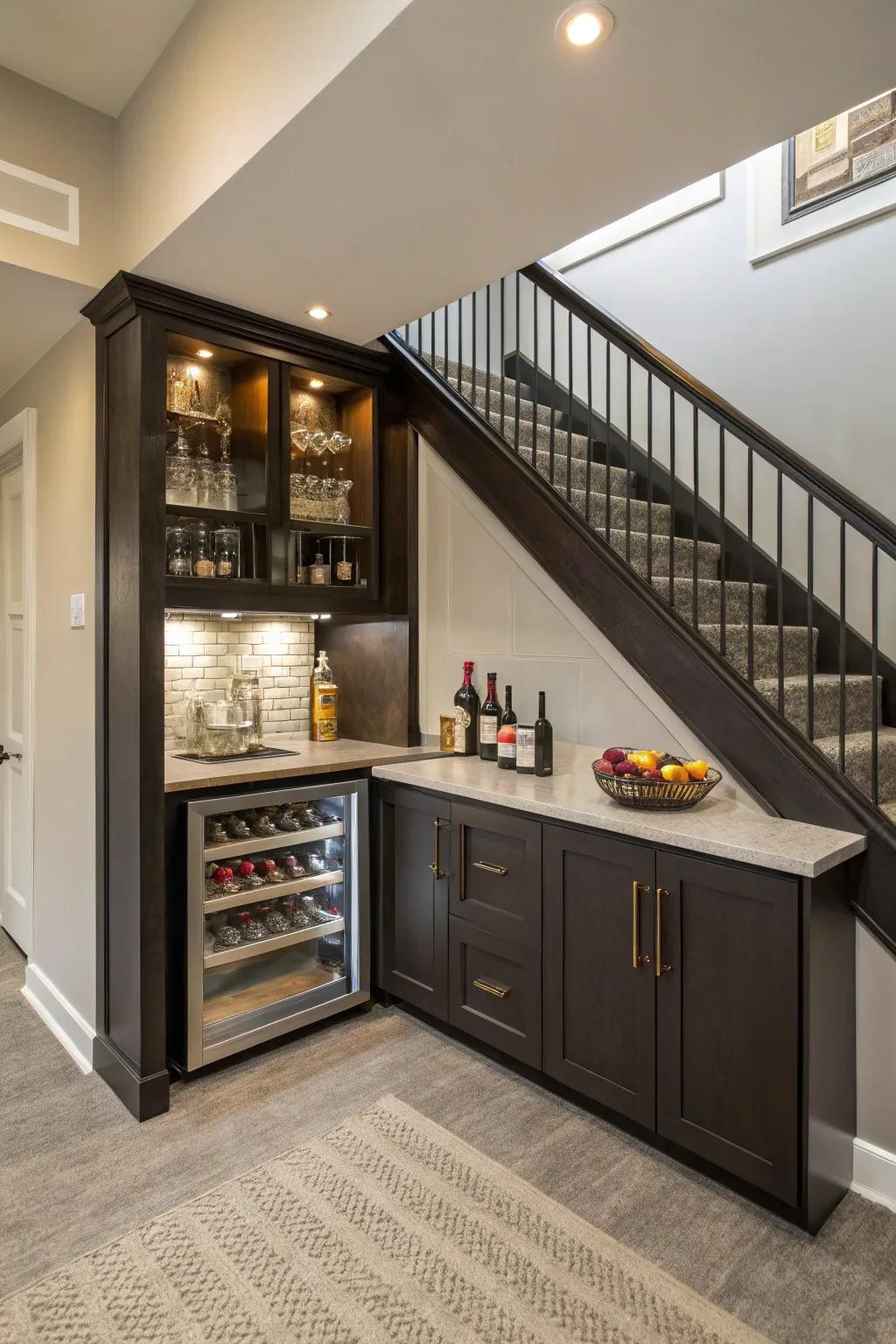 Below-the-staircase bar, a clever application of unused space.