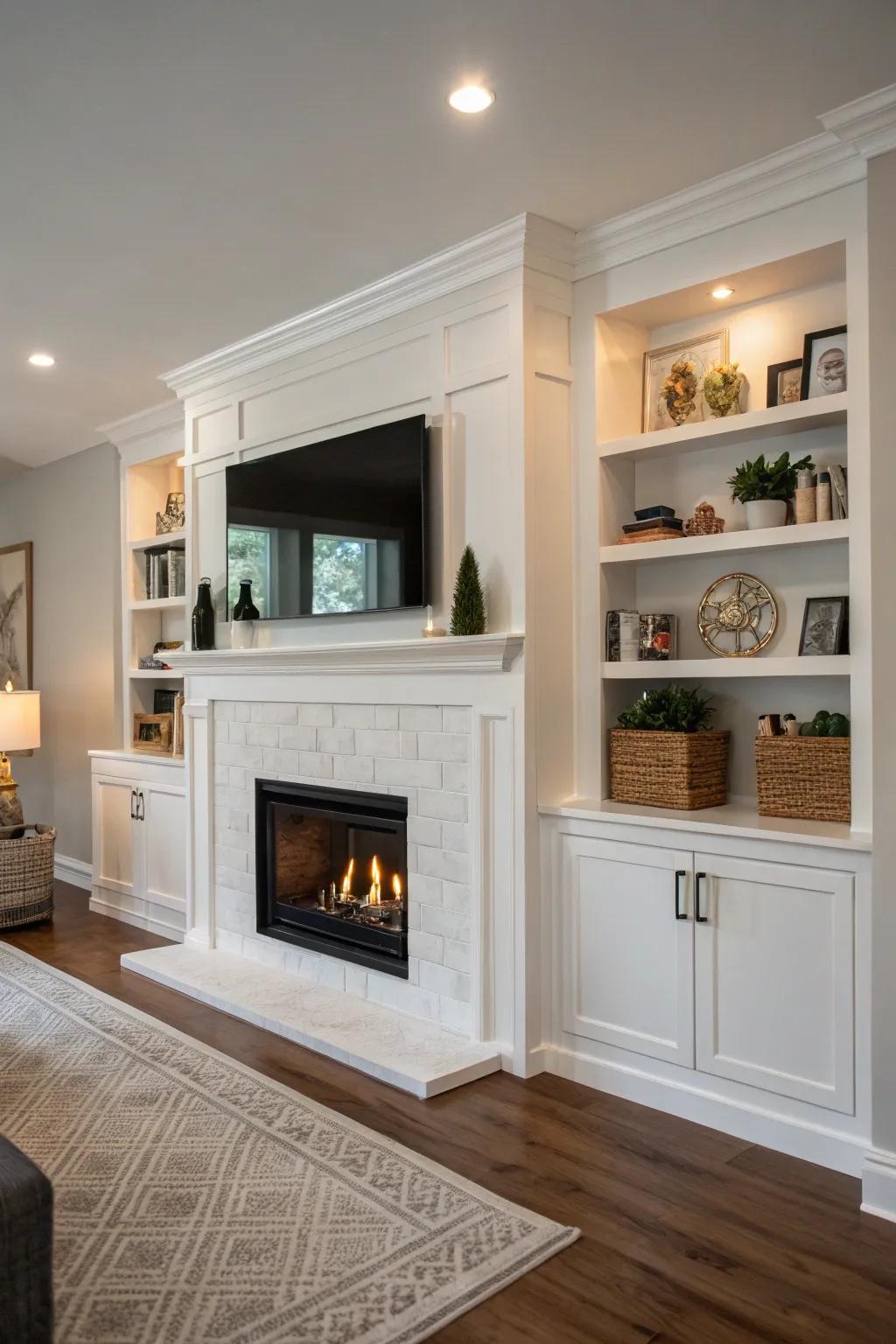 Tucked storage keeps the area around a drywall fireplace tidy.