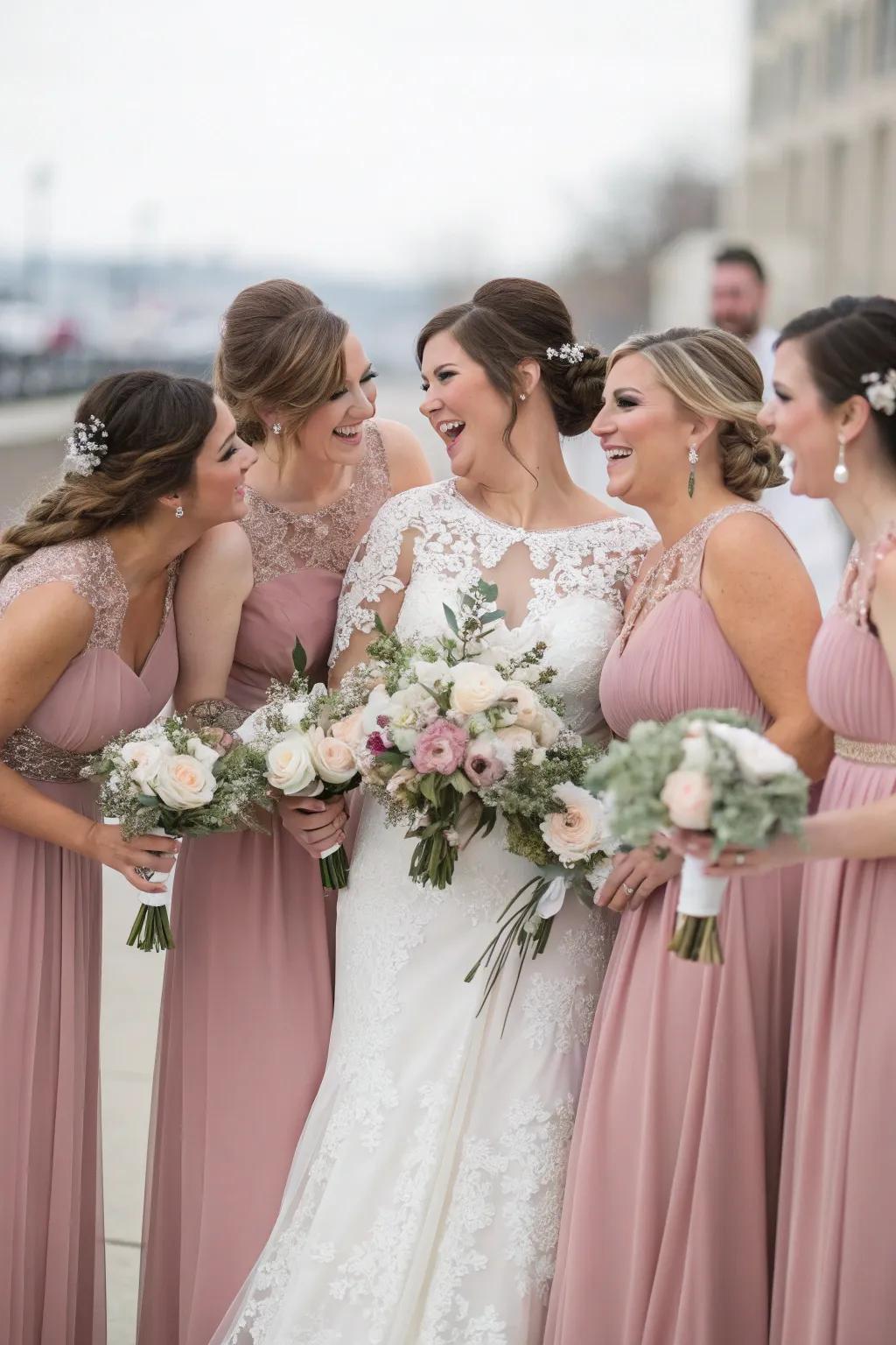 Wedding entourage in elegant rose blush attire.