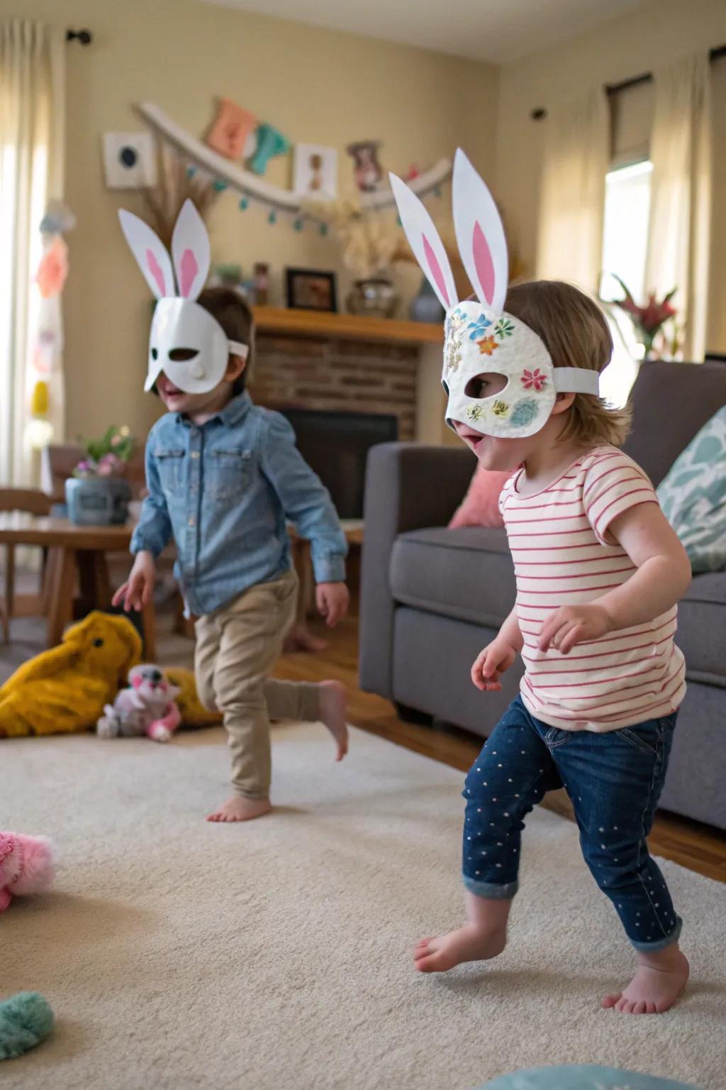 Imaginative frolicking with endearing bunny veils.