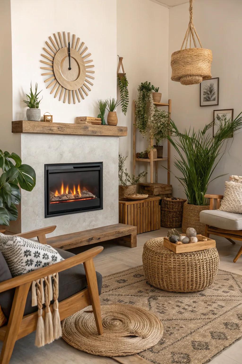 Eco-conscious materials add charm to a living room with an electric fire feature.