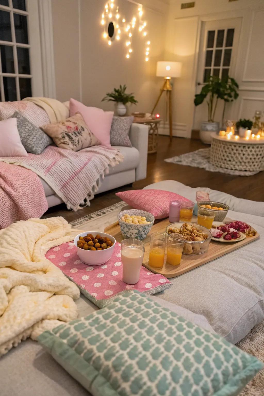 Cozy slumber party setup featuring elegant details.