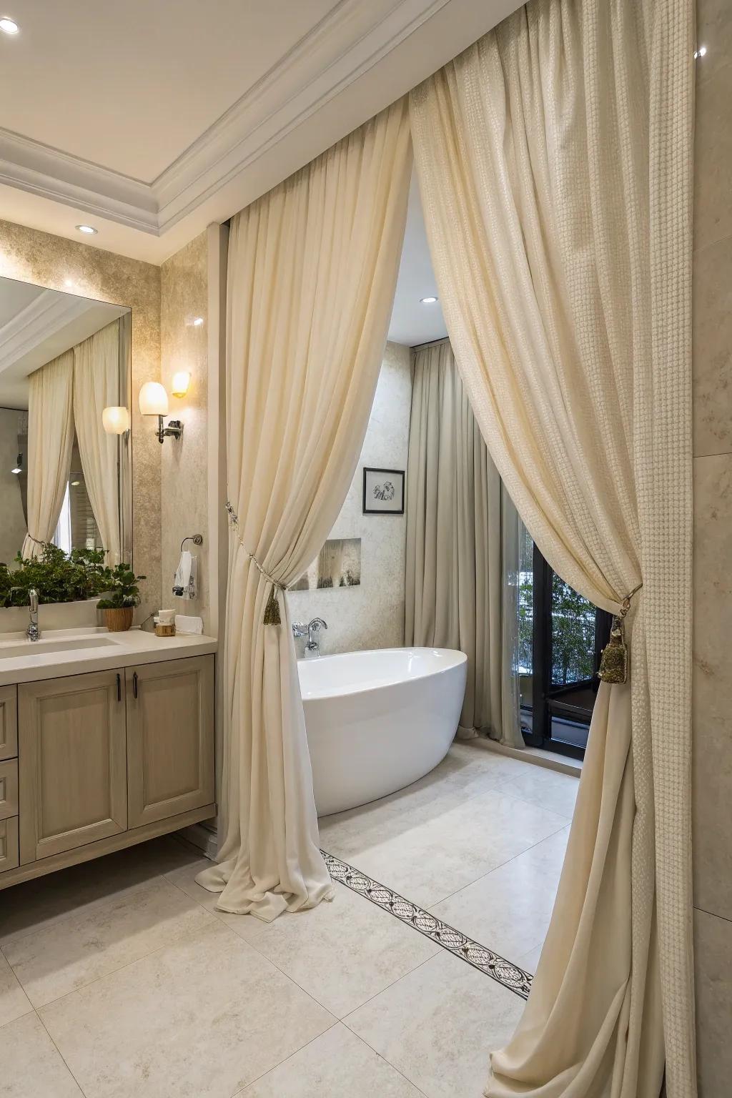 Chic drapery enhances the softness and luxury of this bathroom.