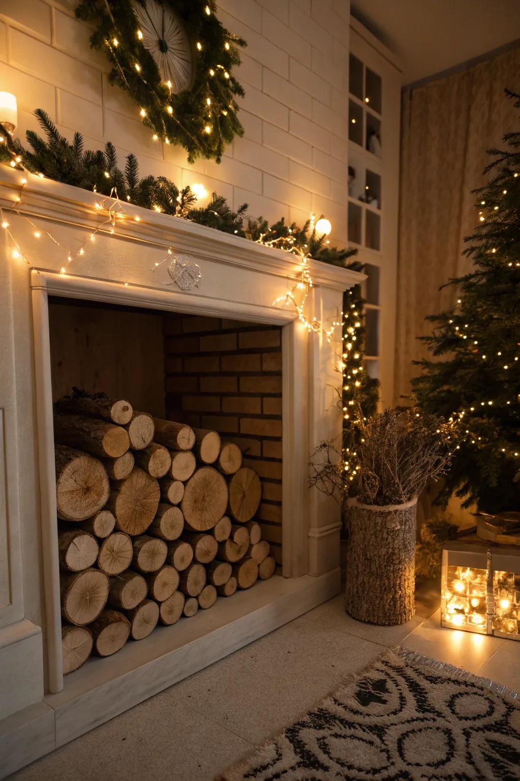 Ornamental logs and lights render the fireplace inviting.