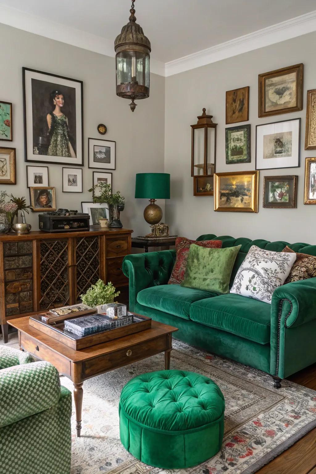 Personalized accessories amplify the feel of emerald green decor.