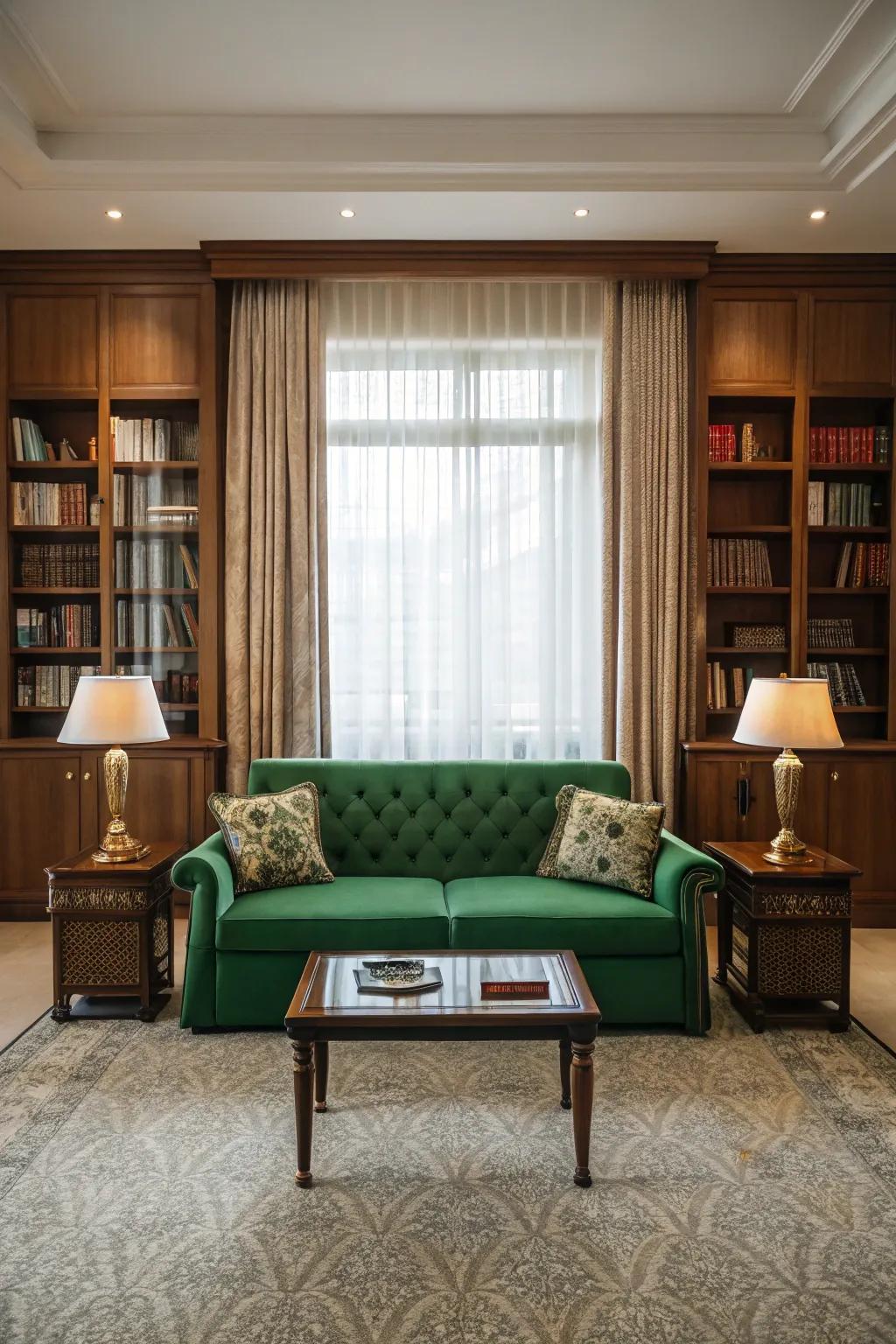 Symmetry brings a sense of balance around a verdant couch.