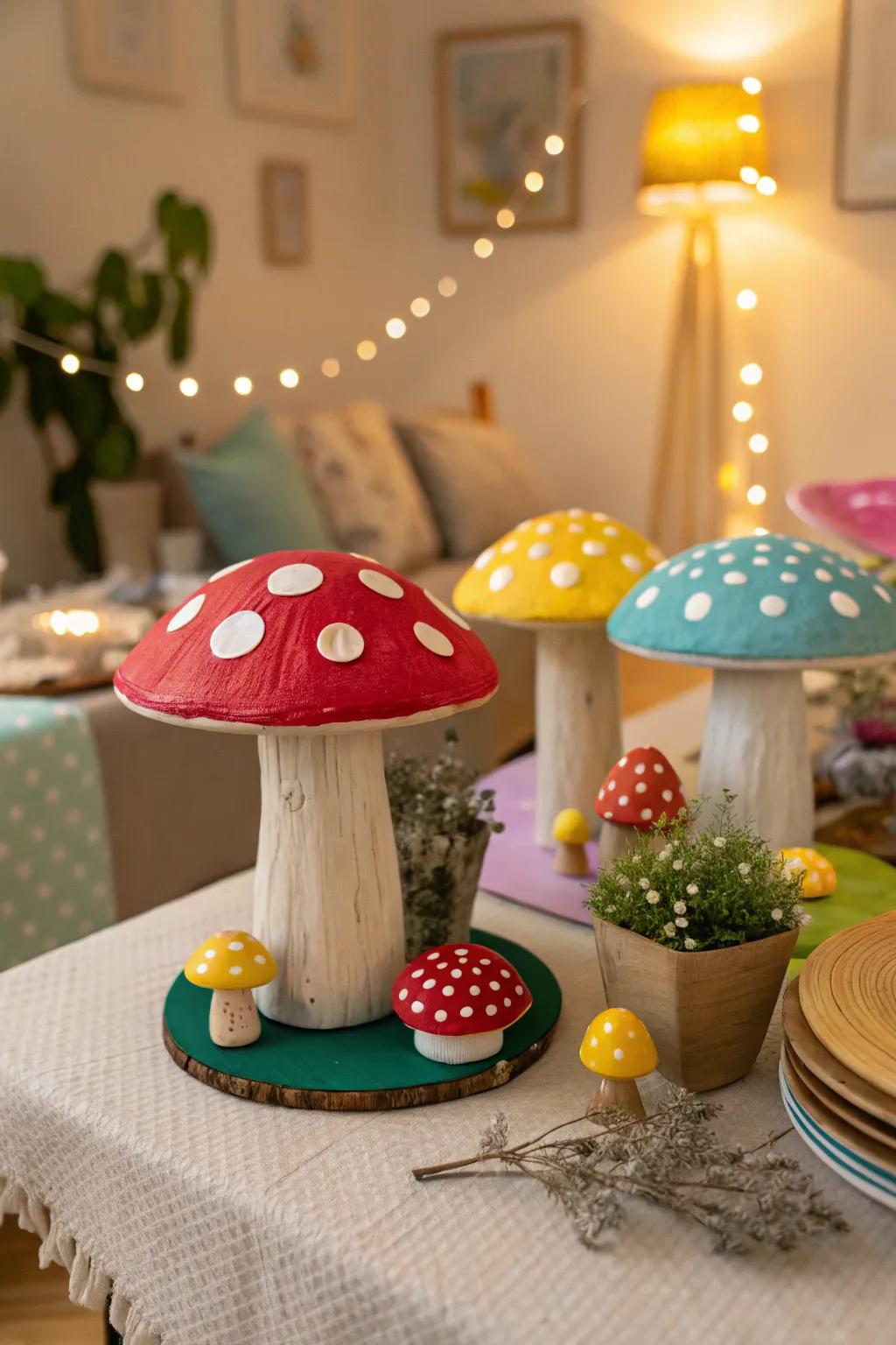 Whimsical fungus decor adds a playful touch to the enchanted theme.