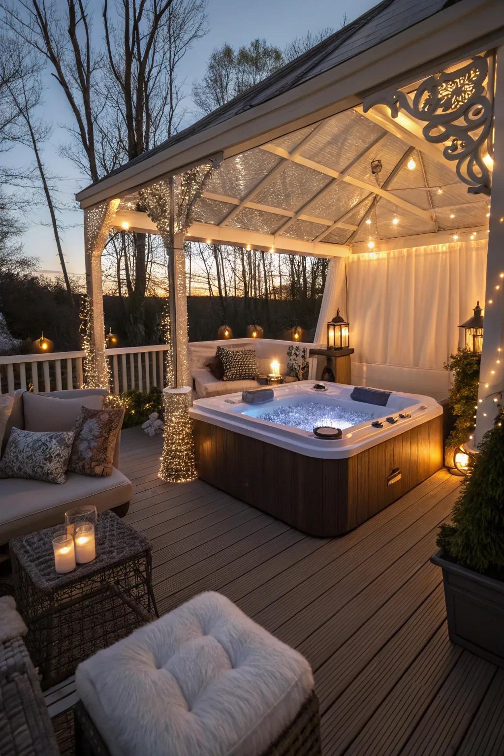 A luxurious spa tub on a sheltered patio.
