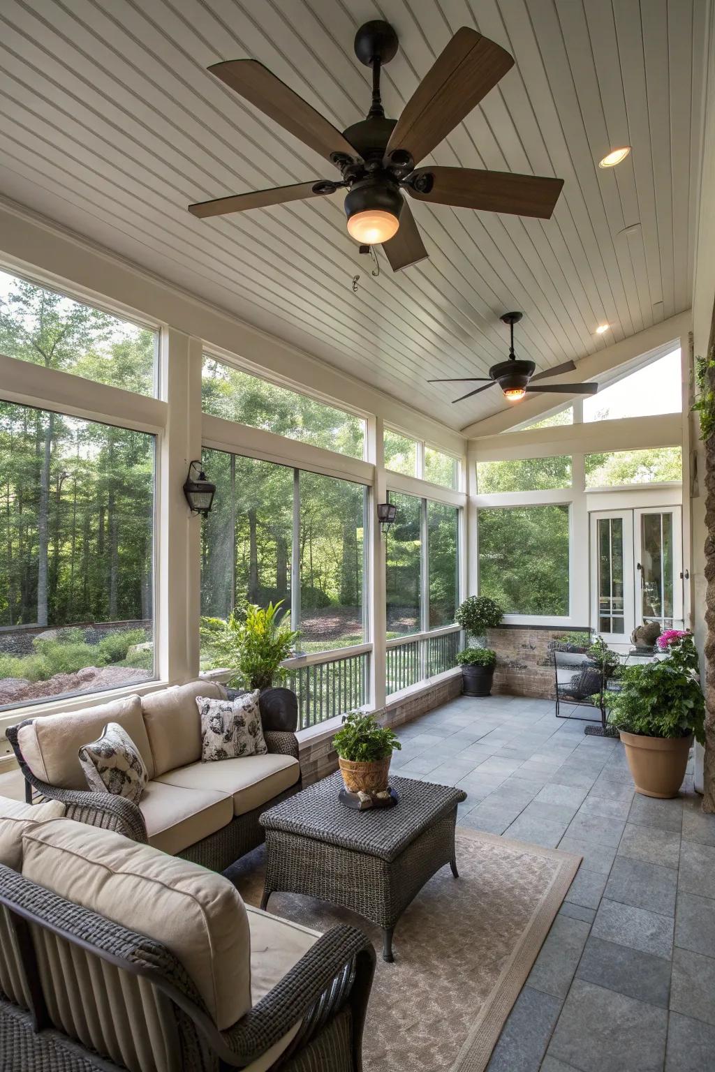 A well-ventilated patio with circulation units for a breezy atmosphere.
