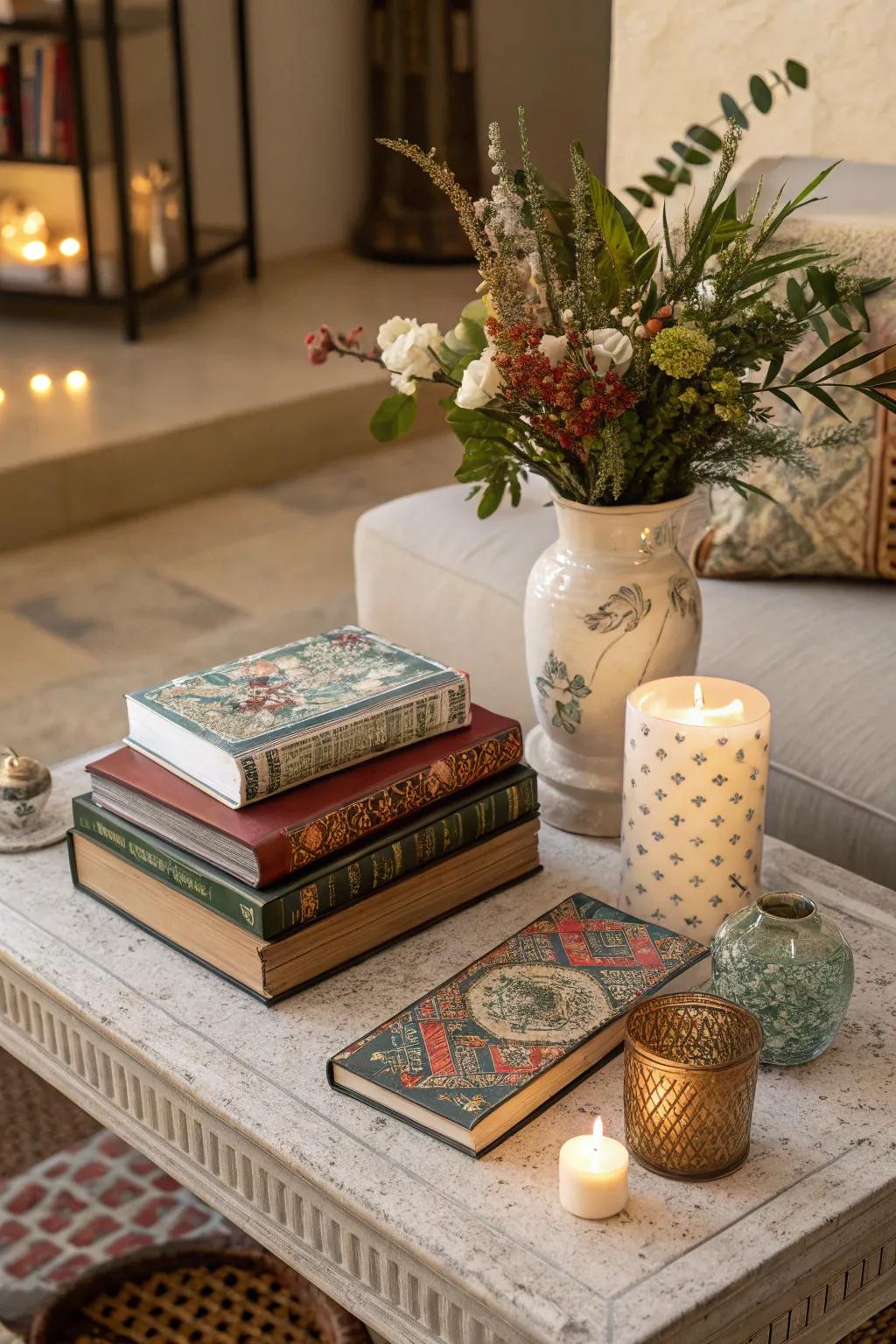 Books with striking covers inject artistry into a side table.