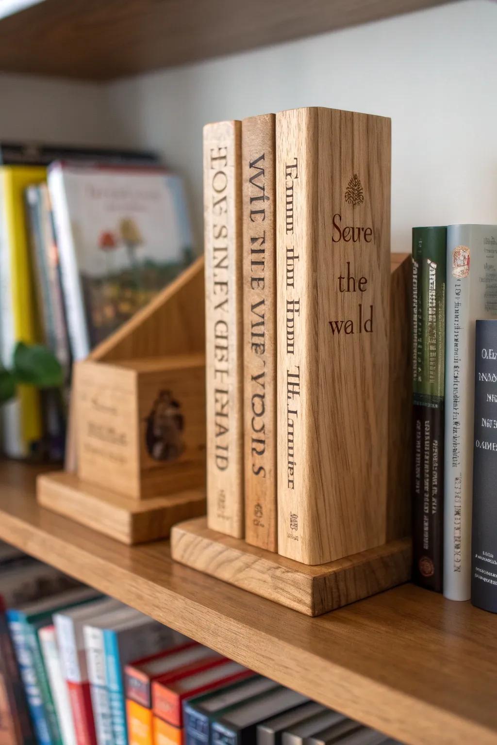 Engraved shelf organizers mix usefulness with a love for books.