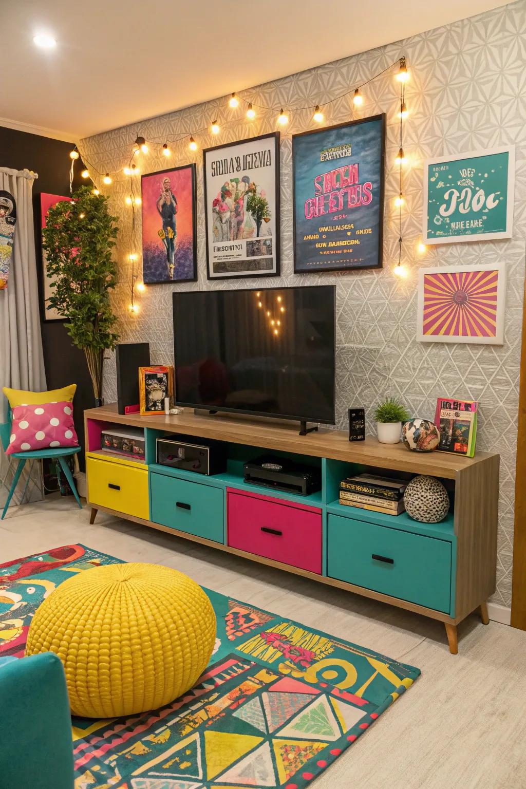 Radiant decor elements add a splash of color to this media hub.