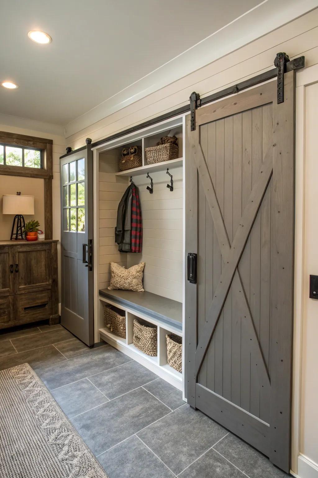 A sliding door provides stylish separation for this mudroom.