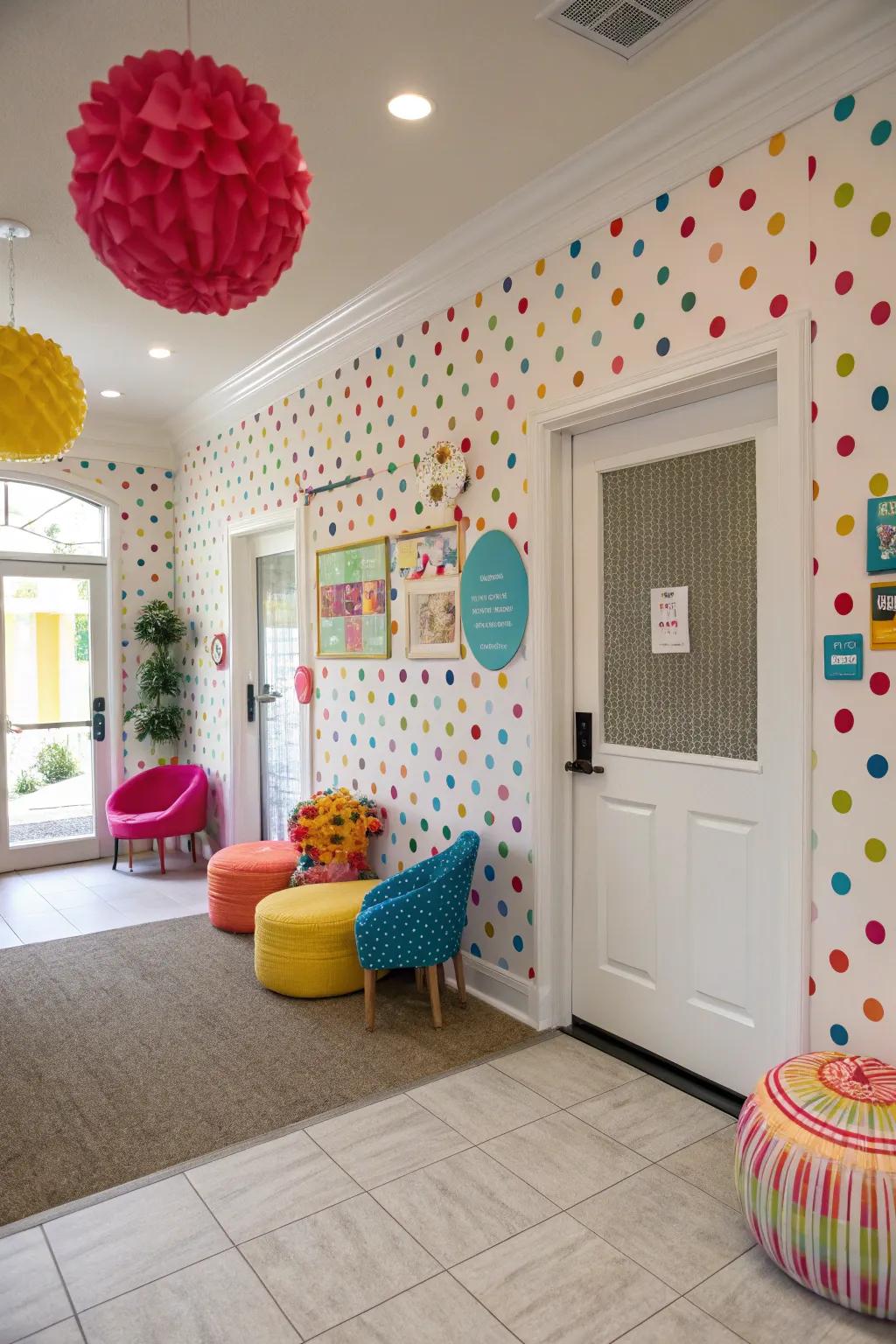 Cheerful entryway featuring playful polka dot wallpaper for a whimsical touch.