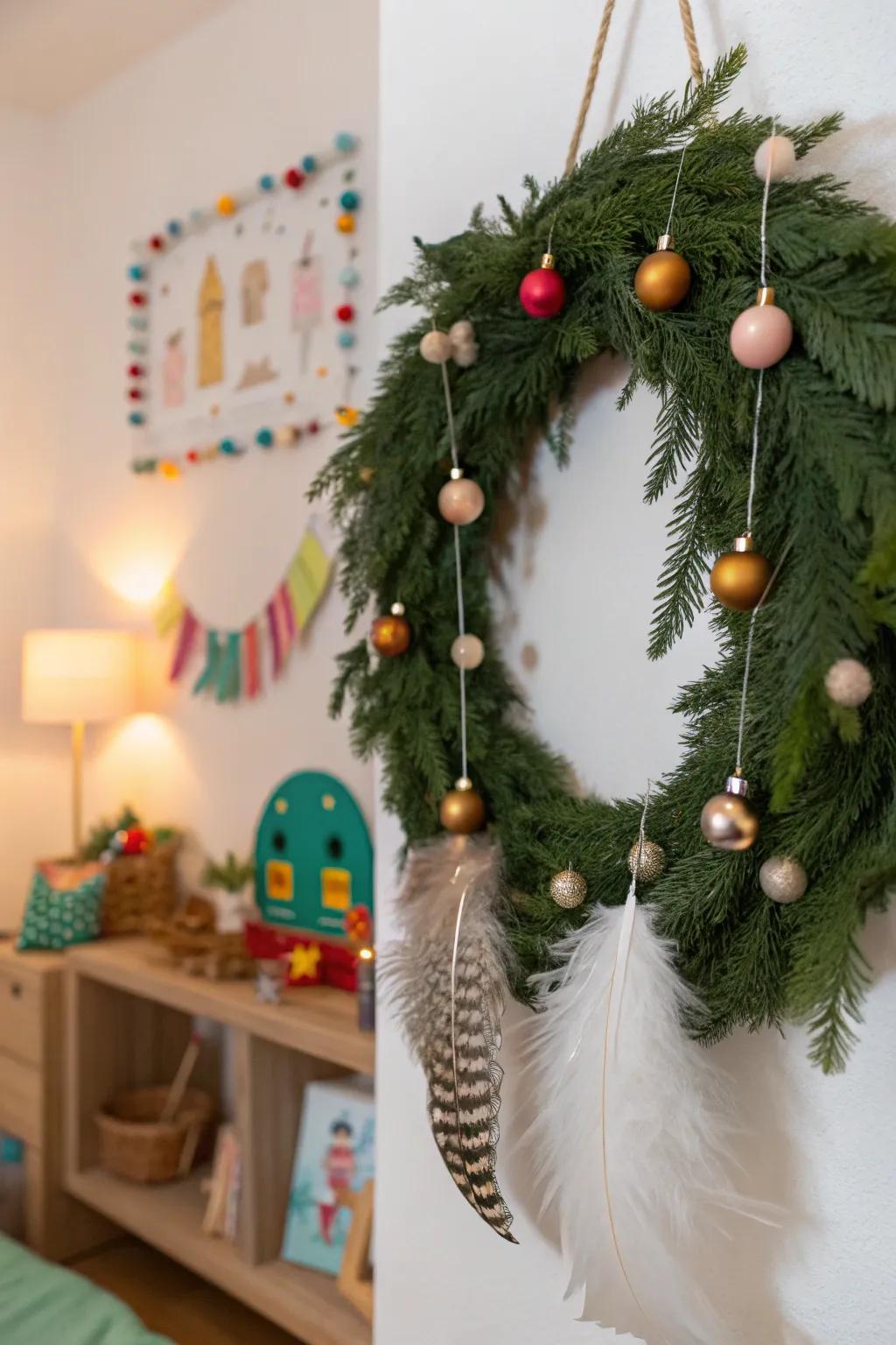 A whimsical swag featuring feathers and ornaments in a child's room.