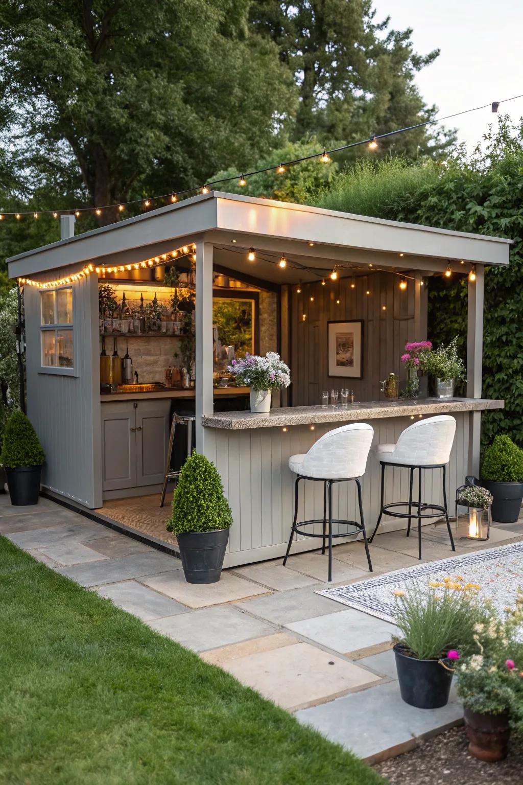 A bar area transforms your shed into an entertainment spot.