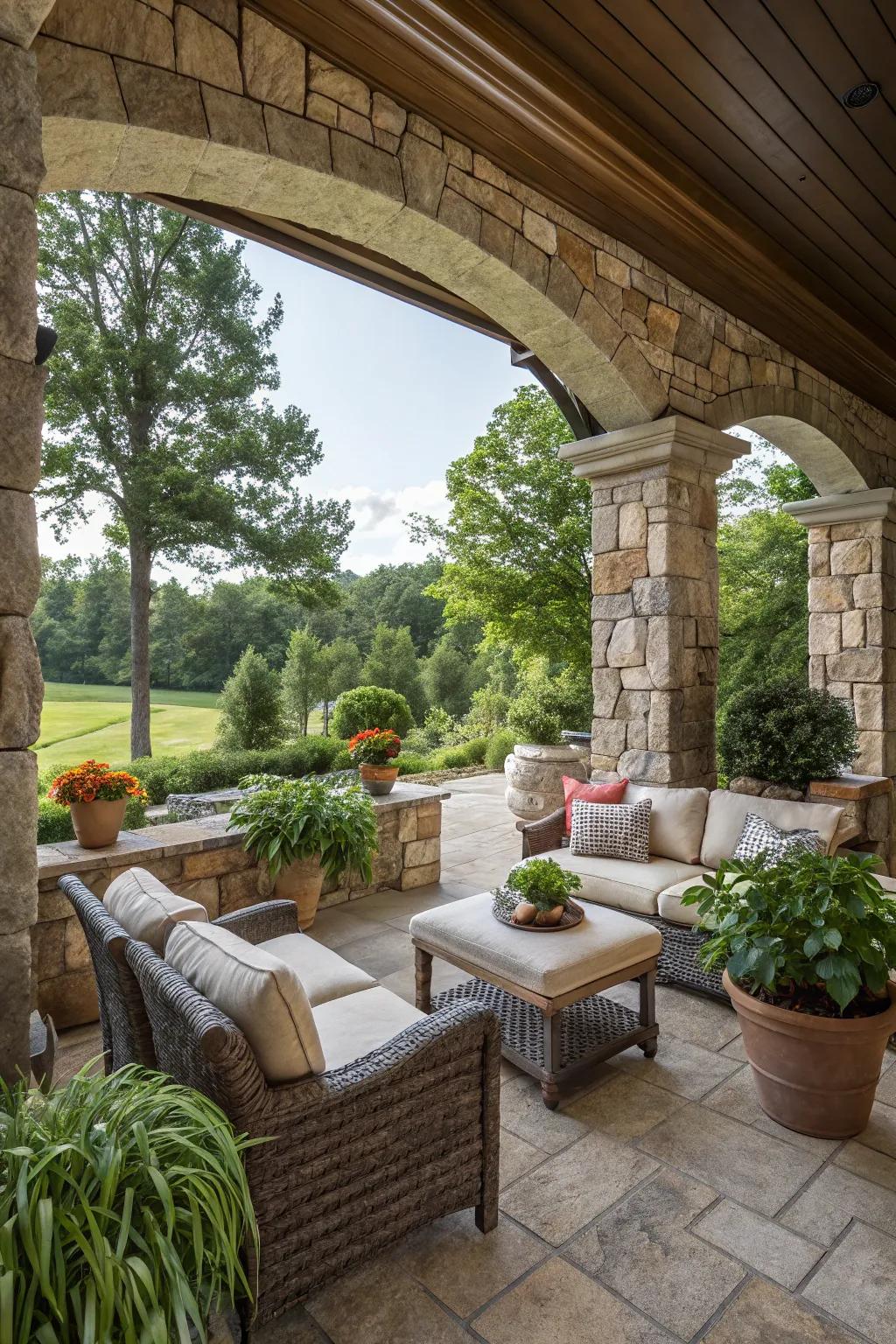 Stone facades provide privacy and style to outdoor living areas.