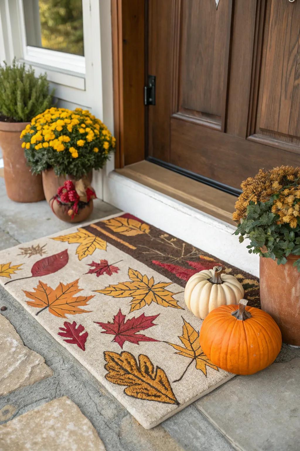 A holiday doormat welcomes visitors to a home styled for fall.
