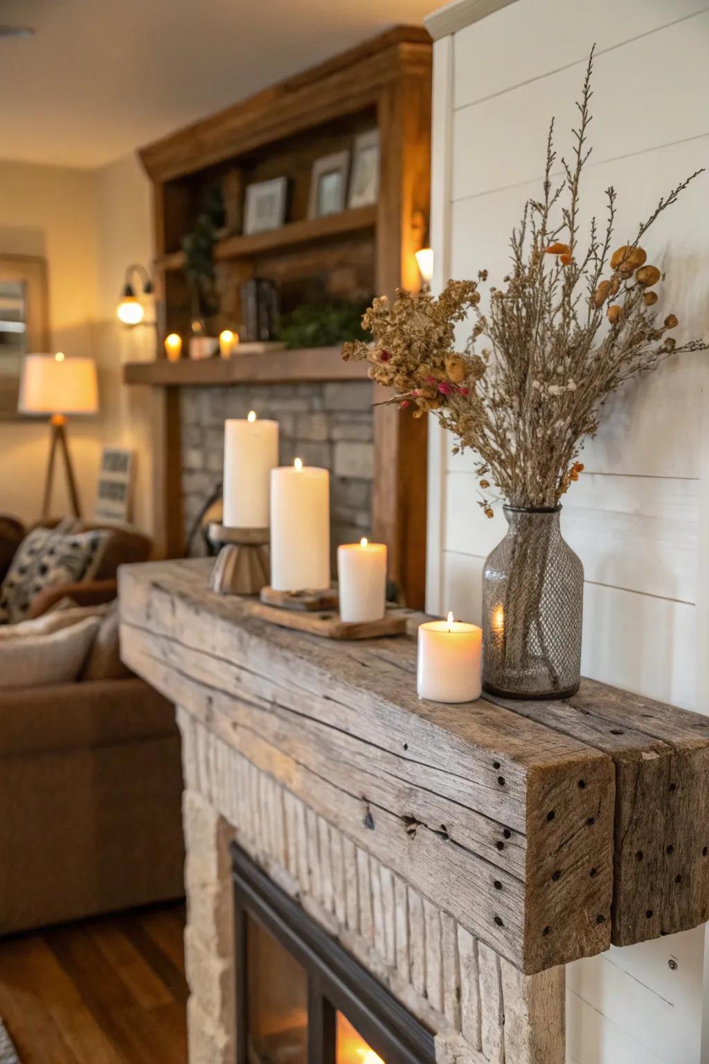 A fall mantel featuring country-style timber accents.