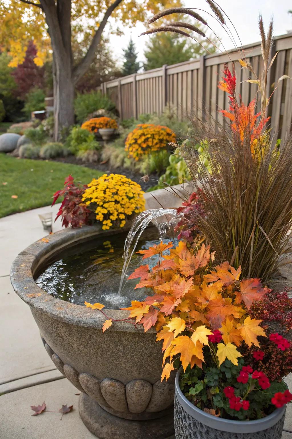 Water features add soothing sounds to fall setups.