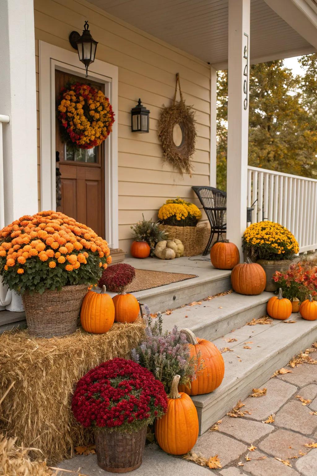 Pumpkin pots provide a functional and creative twist to porch decor.