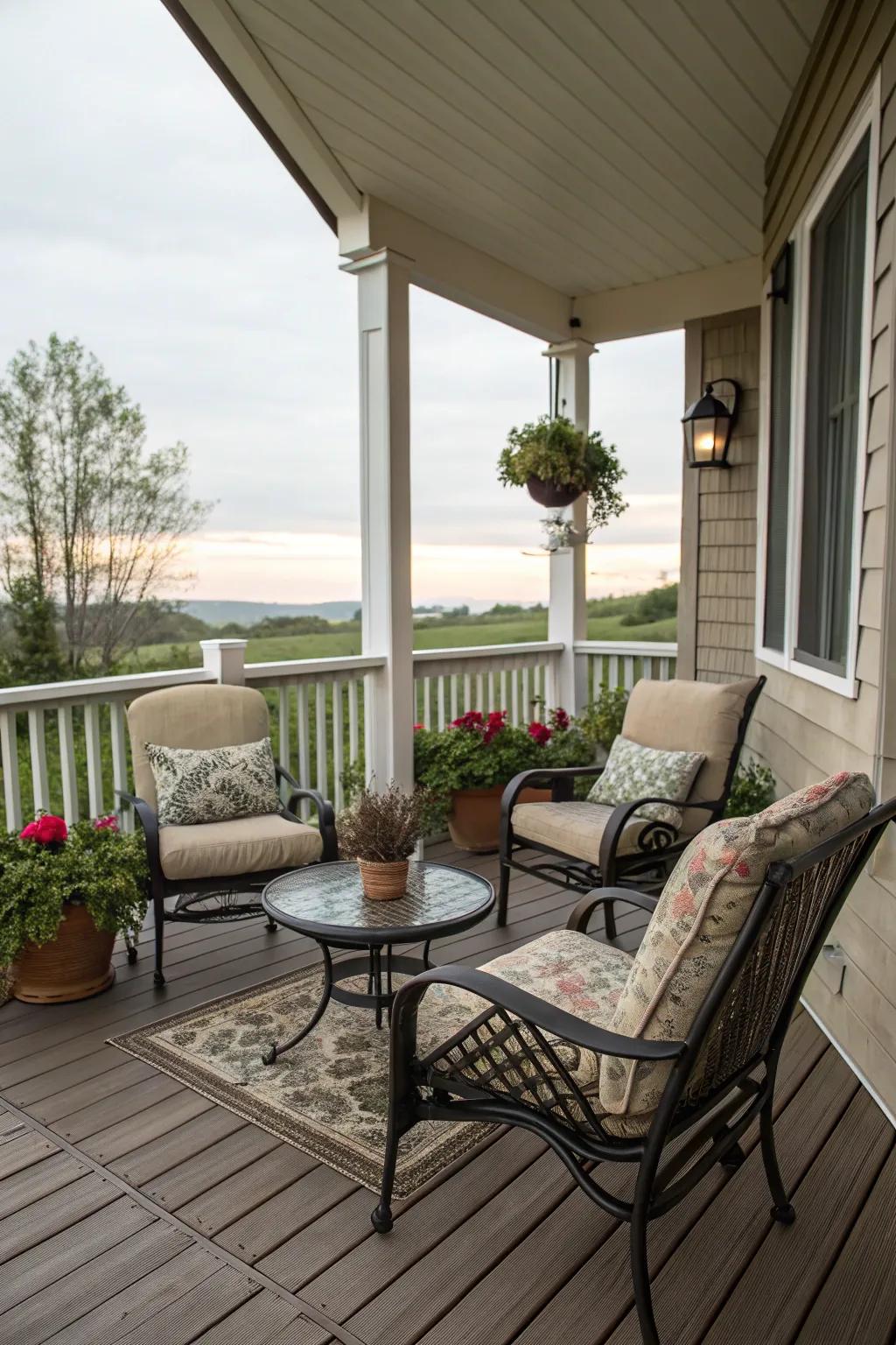 A cozy seating area encourages you to relax and enjoy the autumn air.
