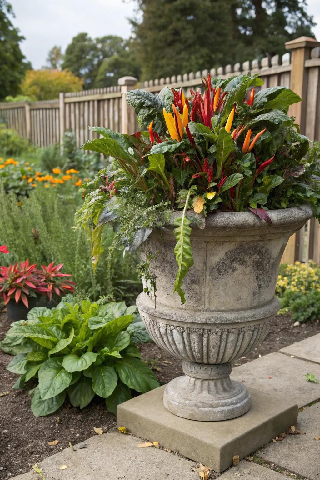 Vibrant vegetables in a seasonal urn planter.