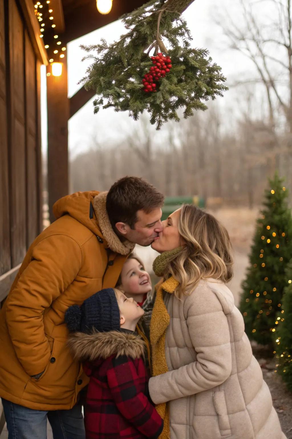 A mistletoe moment enhances your family photo with a touch of romance.