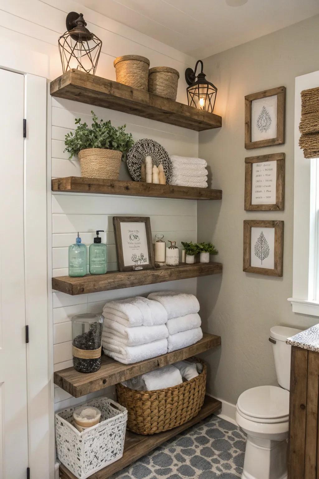 A country bathroom gains a blend of usefulness and rustic appeal from open shelving.