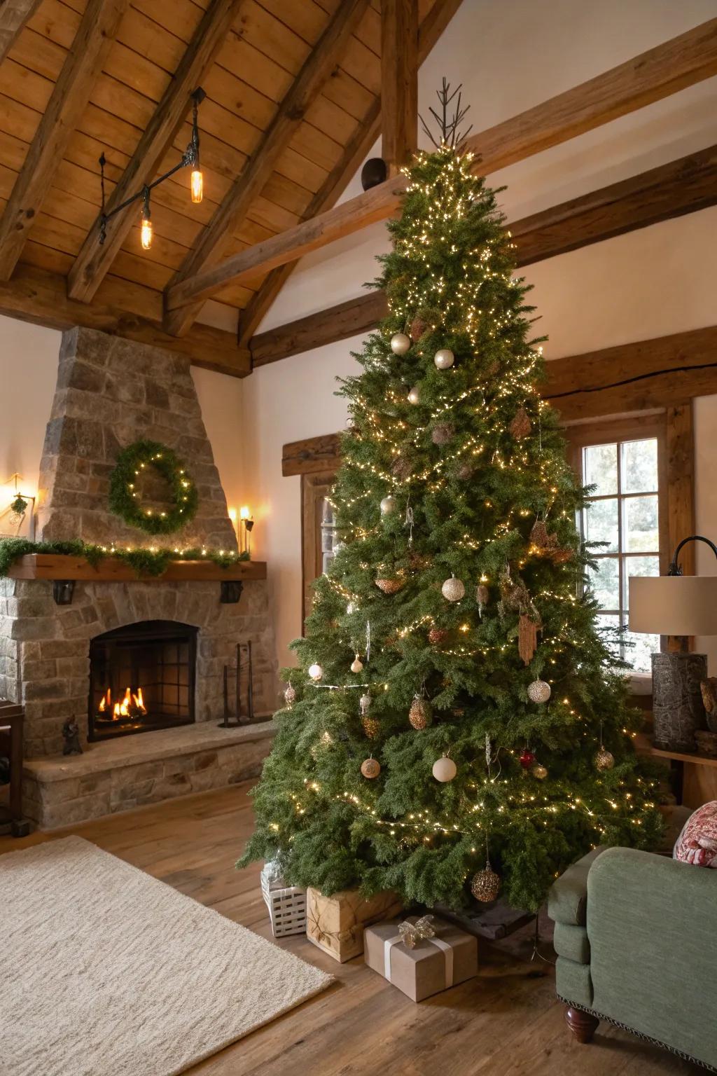 Greenery garlands introduce feel and depth to this farmhouse Christmas tree.