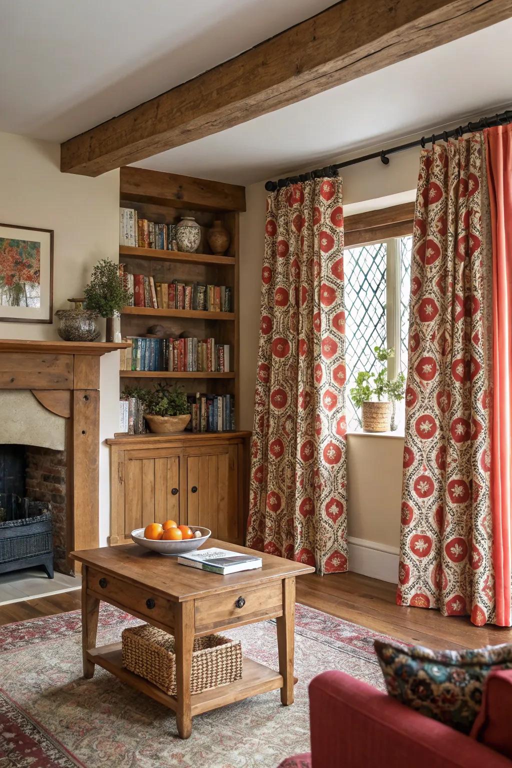 Bold designed drapes adding a splash of color to a vibrant farmhouse living room.