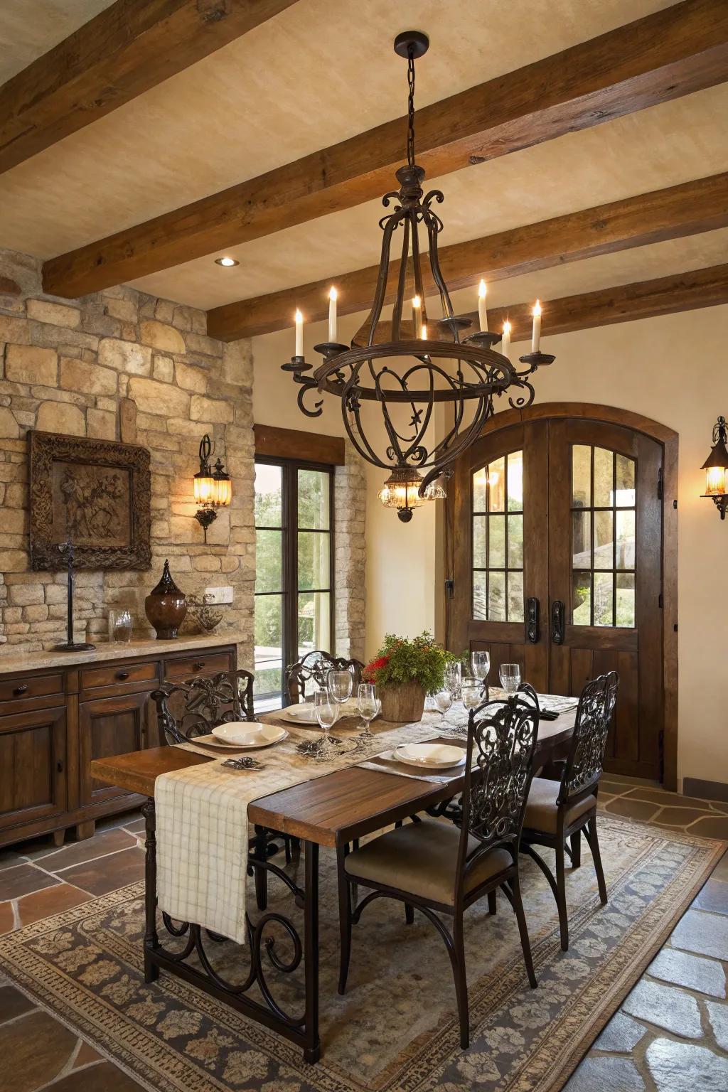 Forged iron accents add elegance and traditional craftsmanship to this dining room.